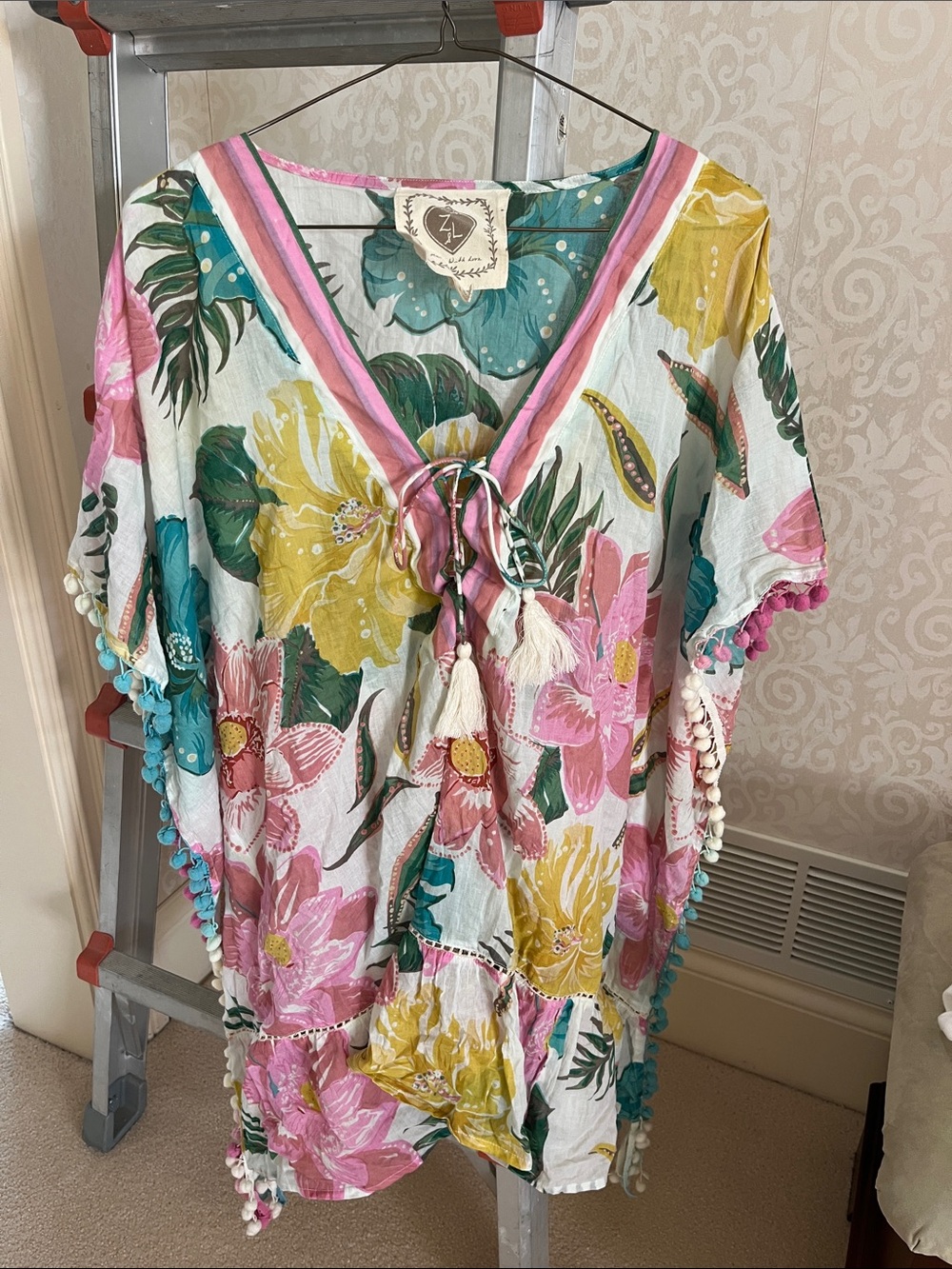 Floral Tassel V-Neck Caftan Cover-Up - Pink, Yellow, Teal